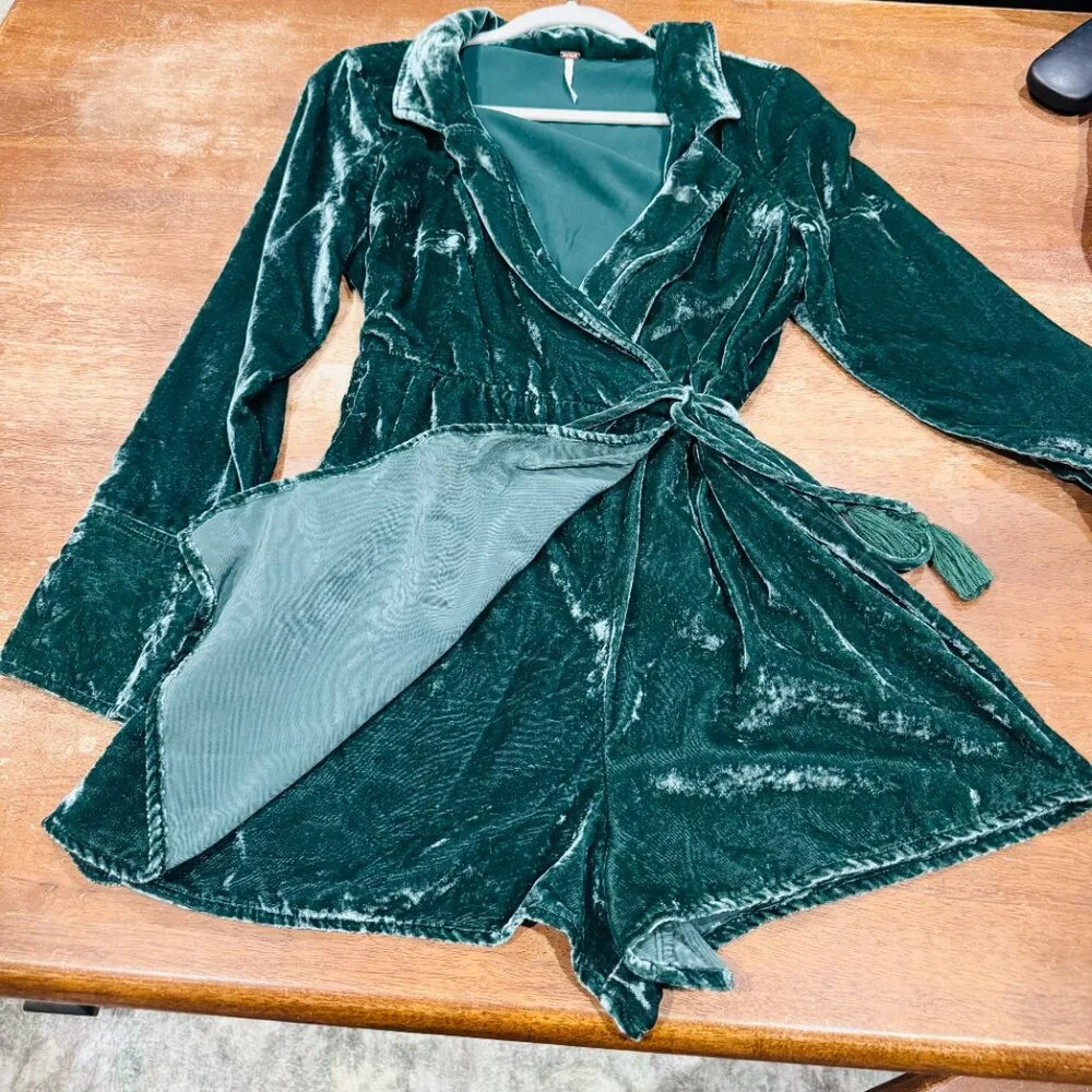 Free People Emerald Green Velvet Wrap Romper